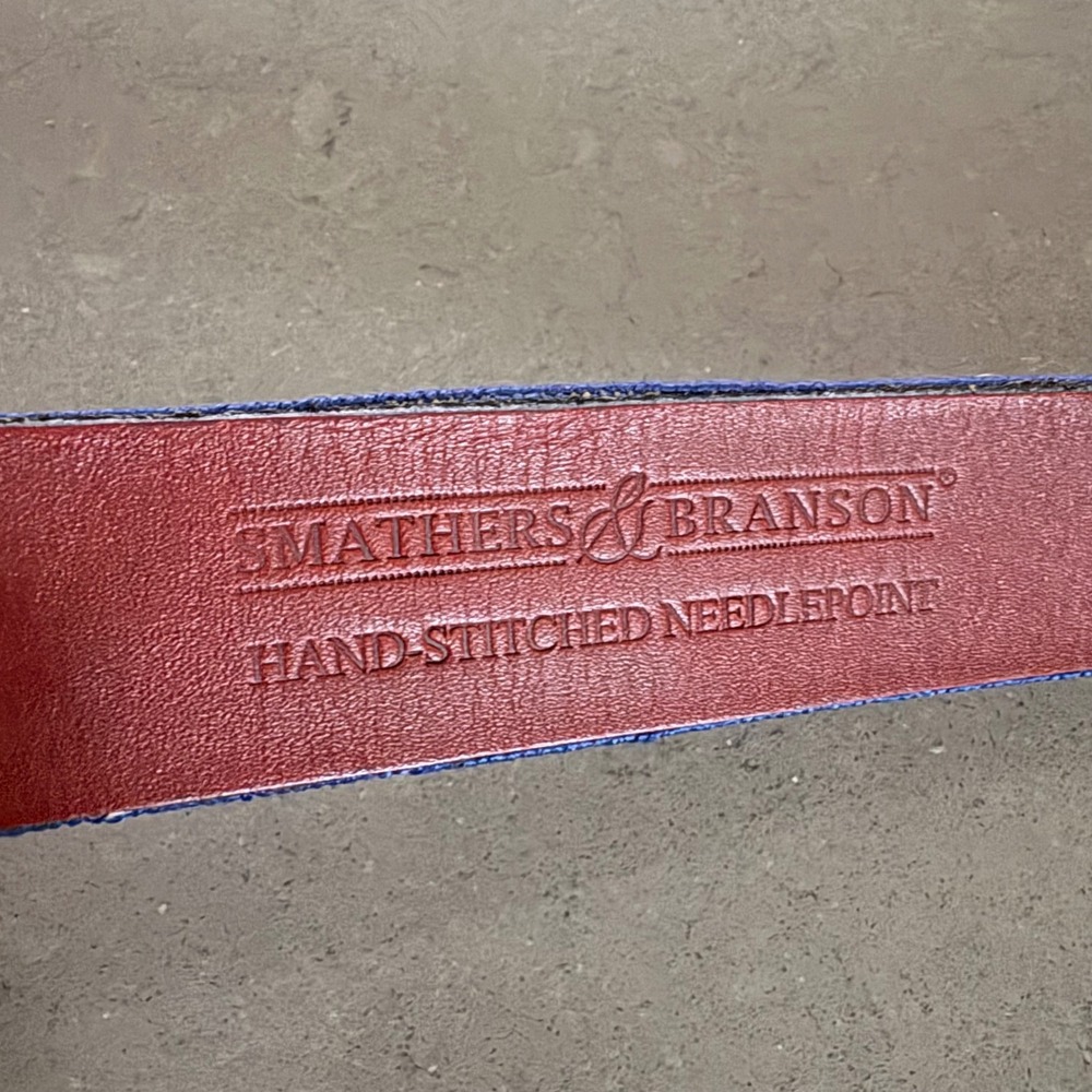 Smathers & Branson Men Needlepoint Belt Chairlift Skiing Navy Leather Brass 42 - Picture 4 of 9